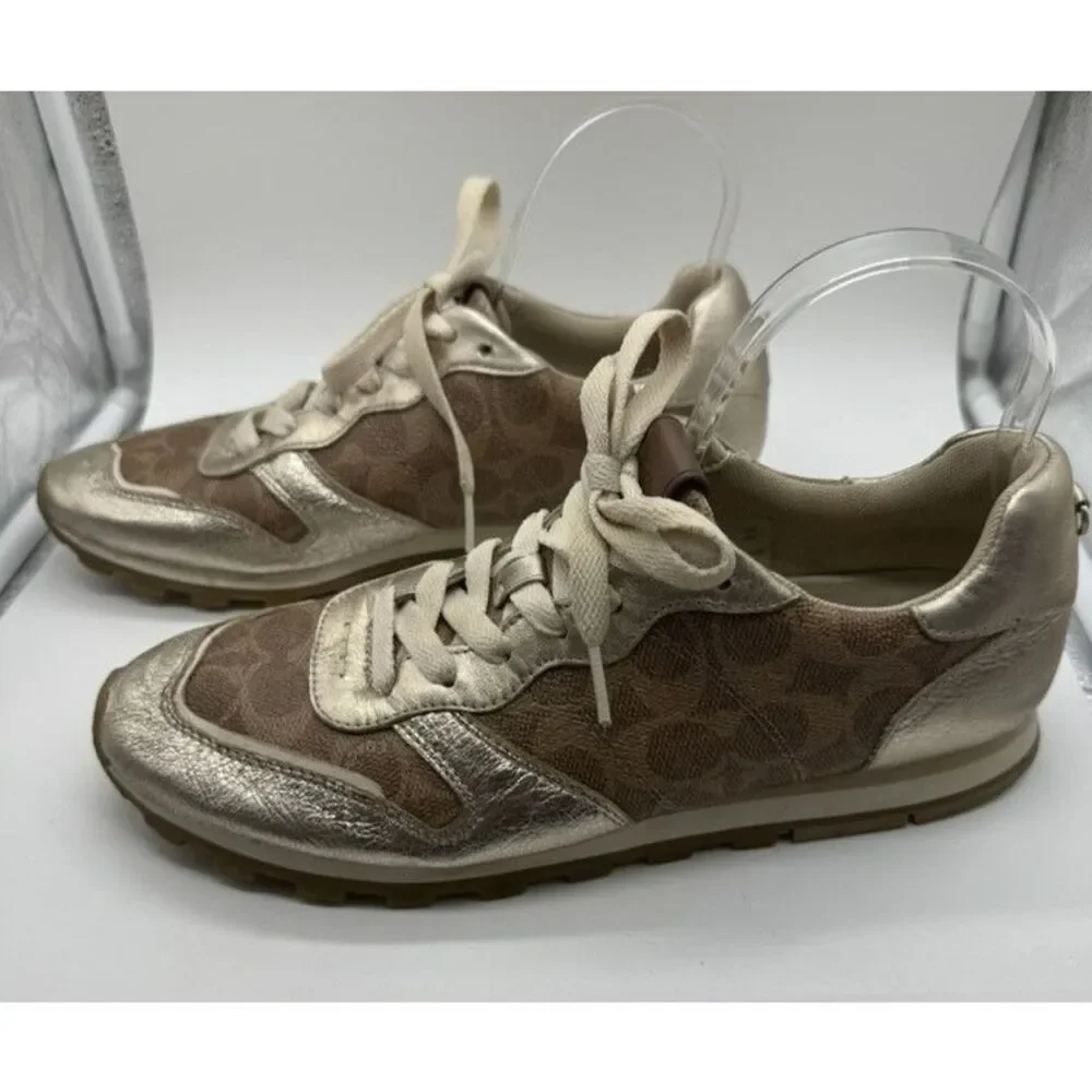 Coach C118 Runner‎ Womens Size 8.5 Gold Brown Monogram Metallic Lace Up Sneakers